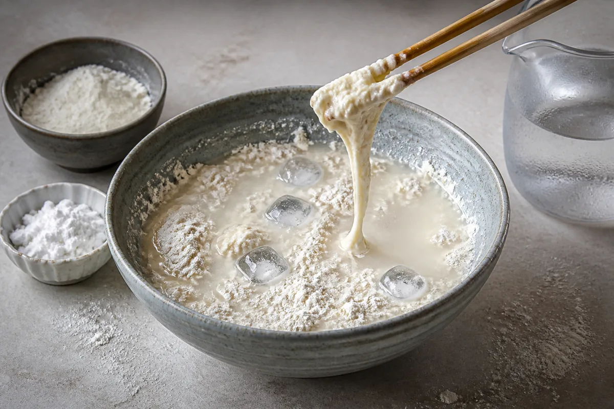 Bol de pâte à tempura grumeleuse mélangée aux baguettes avec glaçons et farine