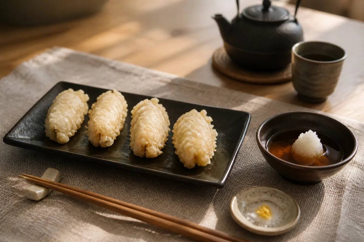 Assiette de tempura servie avec bol de sauce et daikon râpé sur table en bois