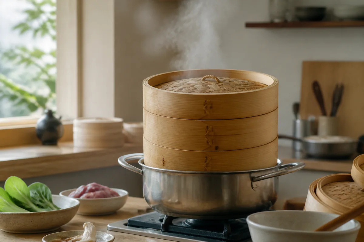 Panier vapeur en bambou empilé au-dessus d&rsquo;une casserole fumante