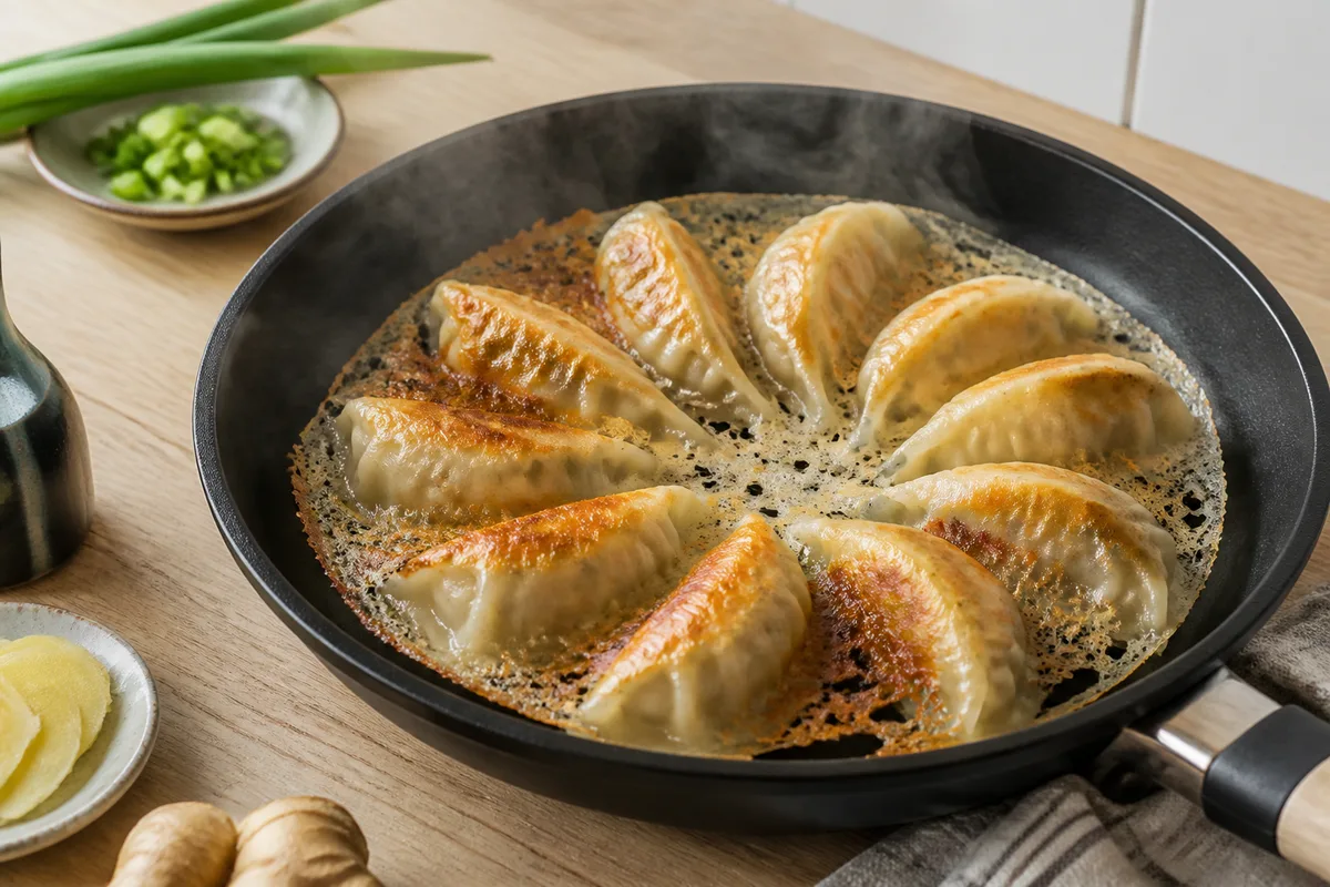 Gyoza dorés en poêle avec dentelle croustillante formée autour des pièces