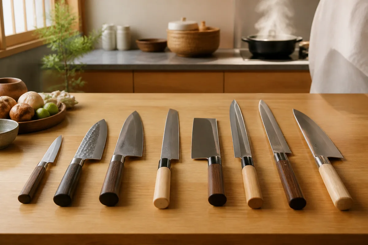 Plusieurs couteaux japonais alignés sur un plan de travail en bois clair