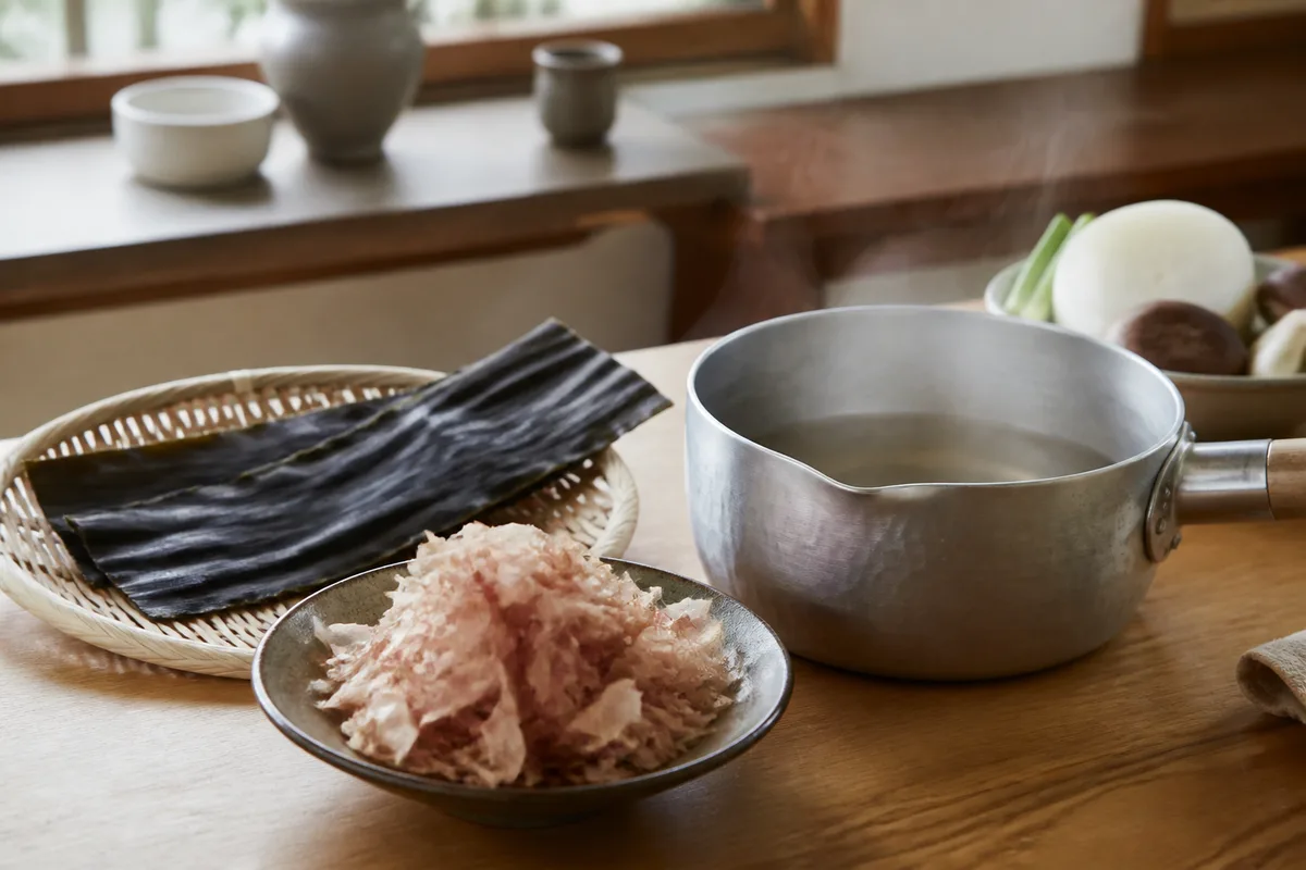 Feuille de kombu et copeaux de bonite séchée disposés près d’une casserole