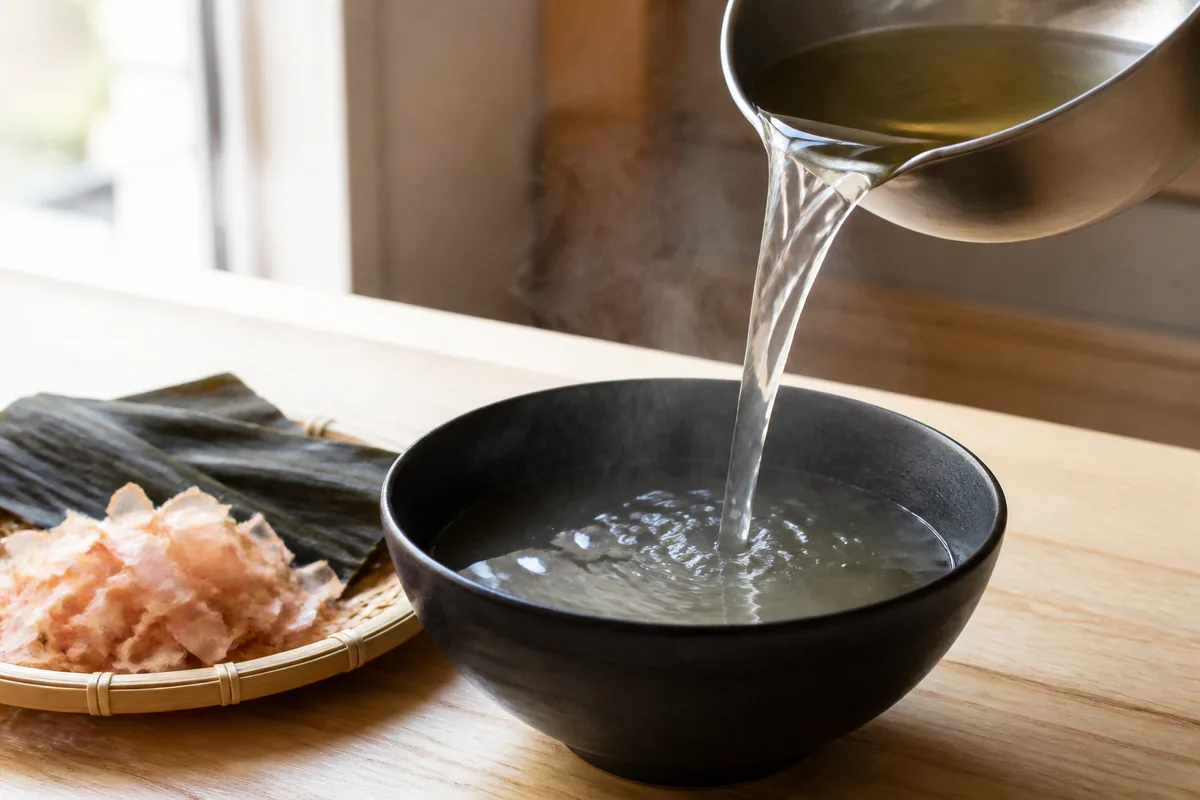 Bouillon clair filtré versé dans un bol en céramique sombre
