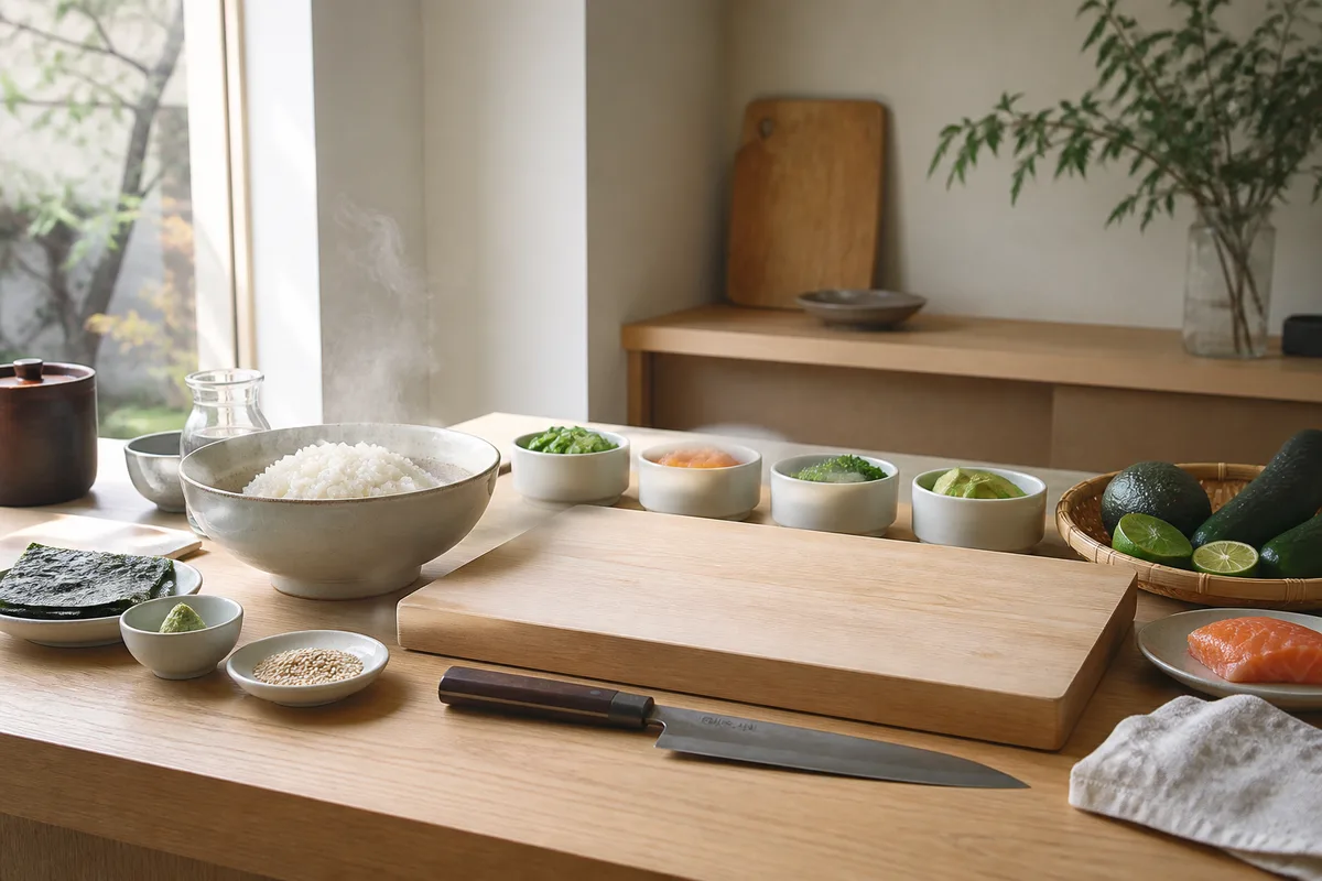 Comptoir de bois clair avec plateaux de sushis, bol de riz vinaigré et couteau japonais