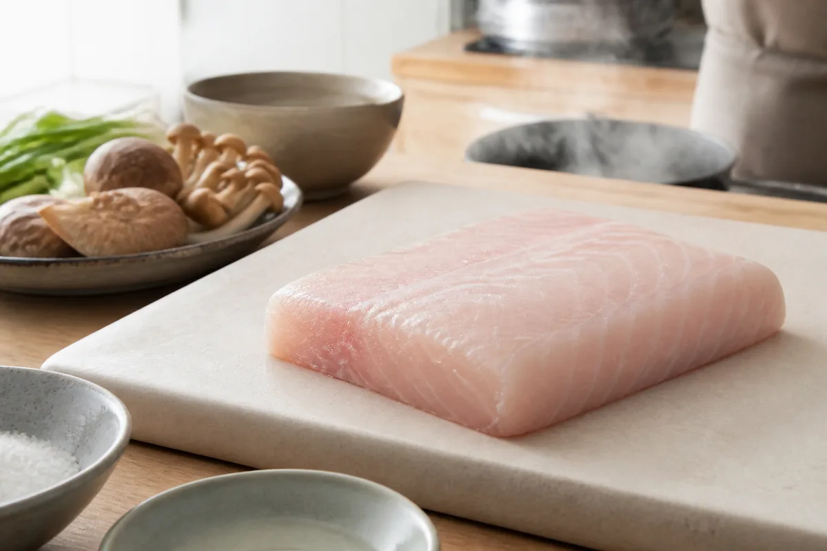 Filet de poisson cru paré en pavé régulier sur planche froide