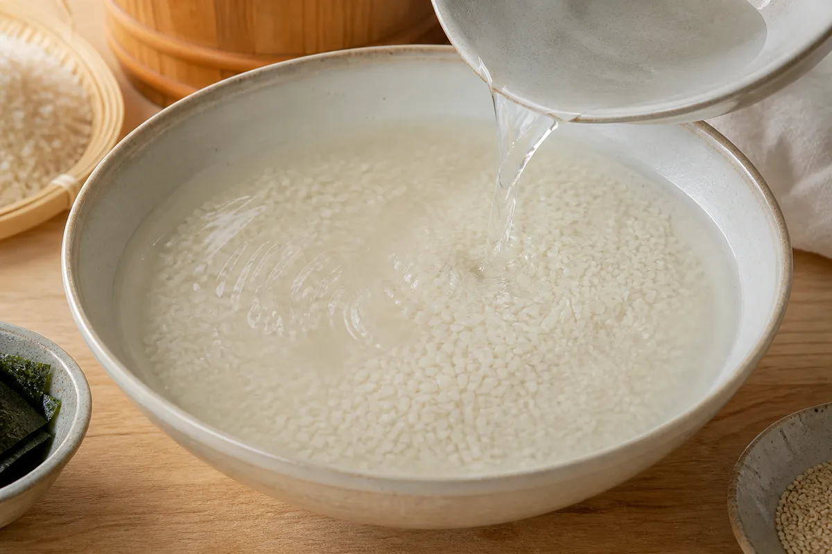Riz rond rincé à l’eau claire dans un saladier, eau laiteuse qui s’éclaircit