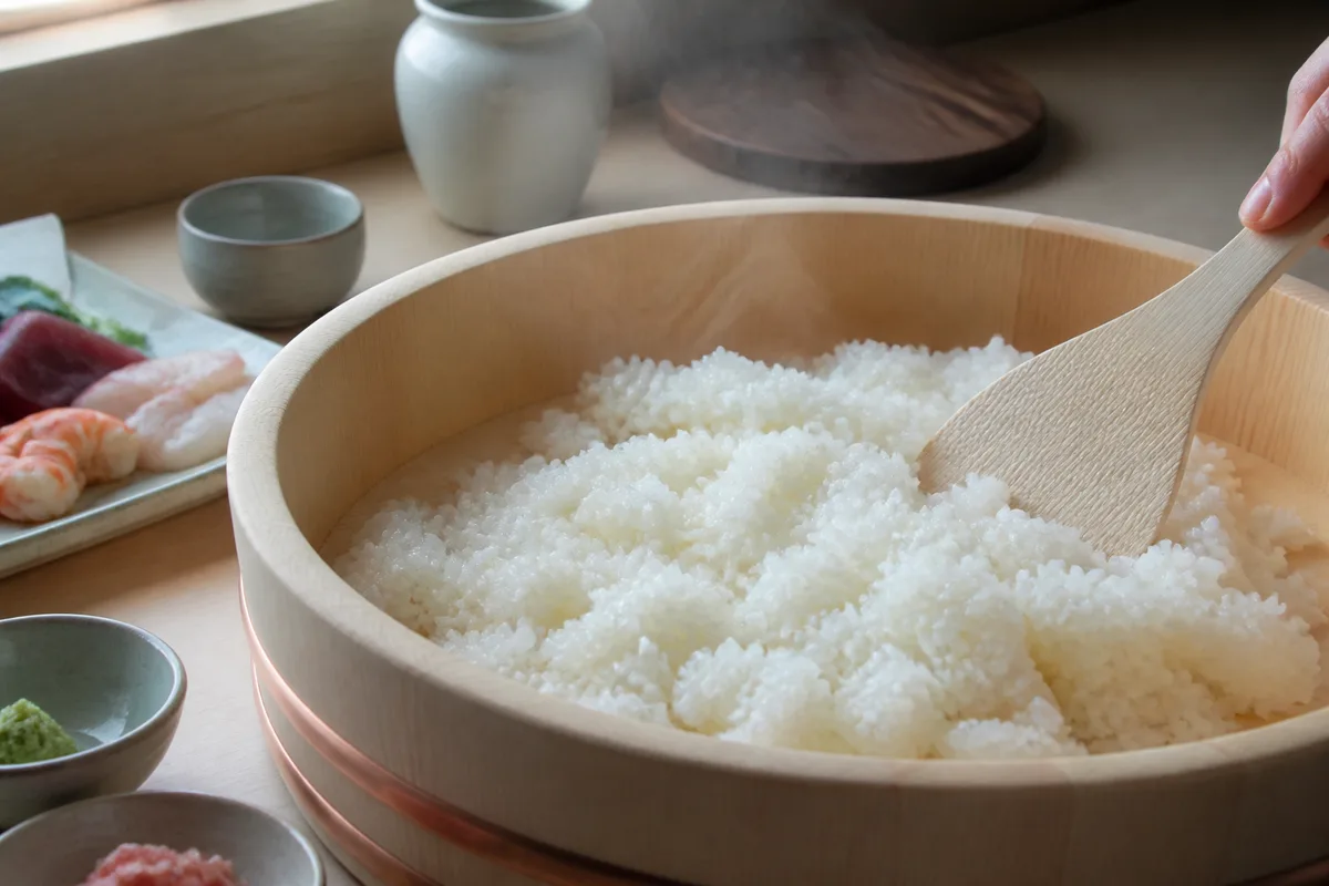 Riz vinaigré travaillé à la spatule dans un large plat de bois