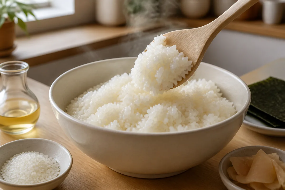 Bol de riz vinaigré tiède éventé à la spatule de bois dans un saladier large