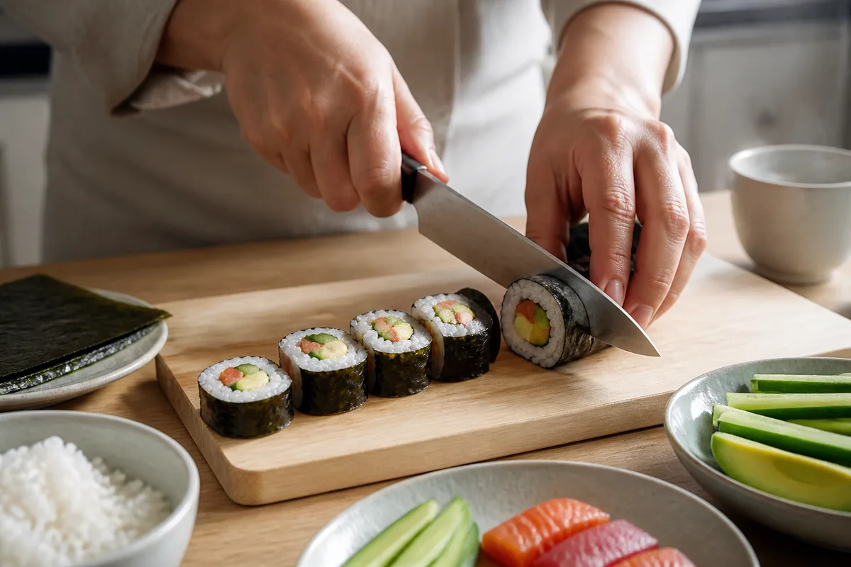 Découpe de rouleaux de sushi en tranches régulières sur planche en bois clair