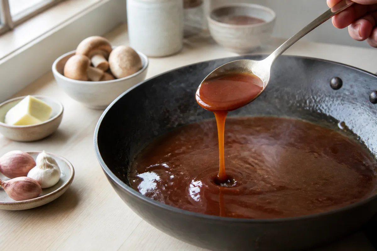 Sauce brune brillante réduite dans une poêle, cuillère qui la nappe