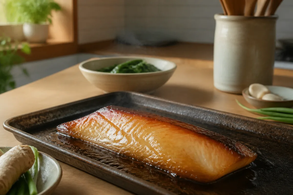 Filet de poisson laqué doré sur une plaque, surface brillante